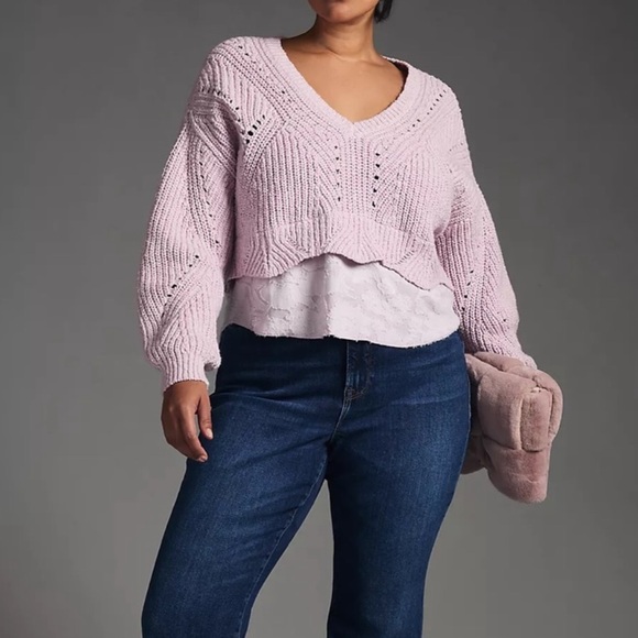 By Anthropologie Lavender Lilac Purple Layered Cable Knit Sweater Lace Large - Picture 5 of 11